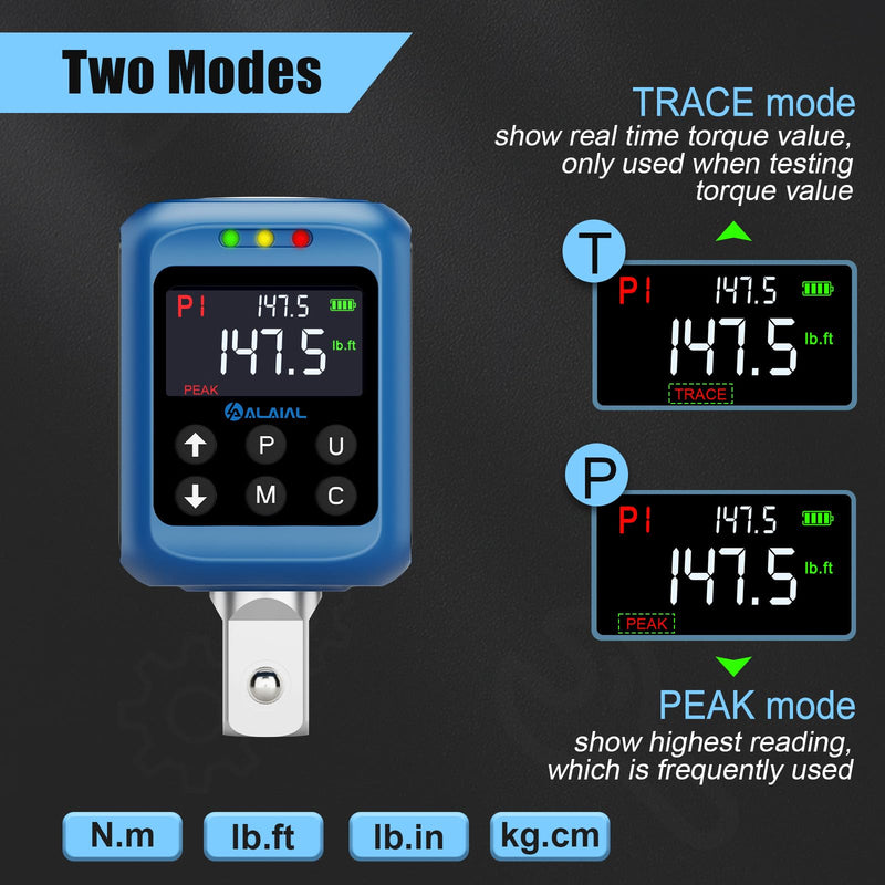 Digital Torque Adapter 1/2", 2.2-147.5 Ft-lb/3-200 Nm, Digital Torque Wrench Converter with ±2% Accuracy, Buzzer and LED Indicator, 2 Modes, 4 Units, 3/8'' & 1/4'' Adapters for Car, Moto