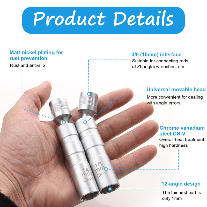 16mm 5/8" Spark Plug Socket Set,Thin Walled Magnetic Spark Plug Socket,Car Accessories Universal Joint 3/8" Drive 12 Point Swivel Socket Removal Tool,Compatible with Motorcycle,Car,SUV 16mm ×4''