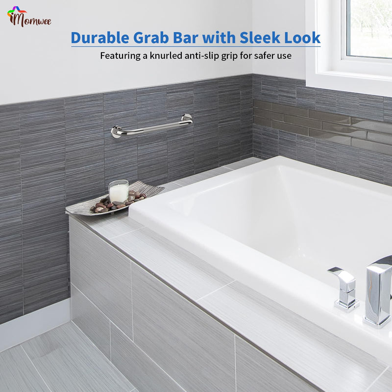 Anti-Slip Chrome Grab Bar 16 Inch, iMomwee 2 Pack Stainless Steel Bathroom Grab Bar w/Knurled Grip, Safety Shower Grab Bar for Wall, Toilet Balanced Support Bar Bathtub Assist Handle for Elderly 16 inch (Pack of 2) chrome with textured grip