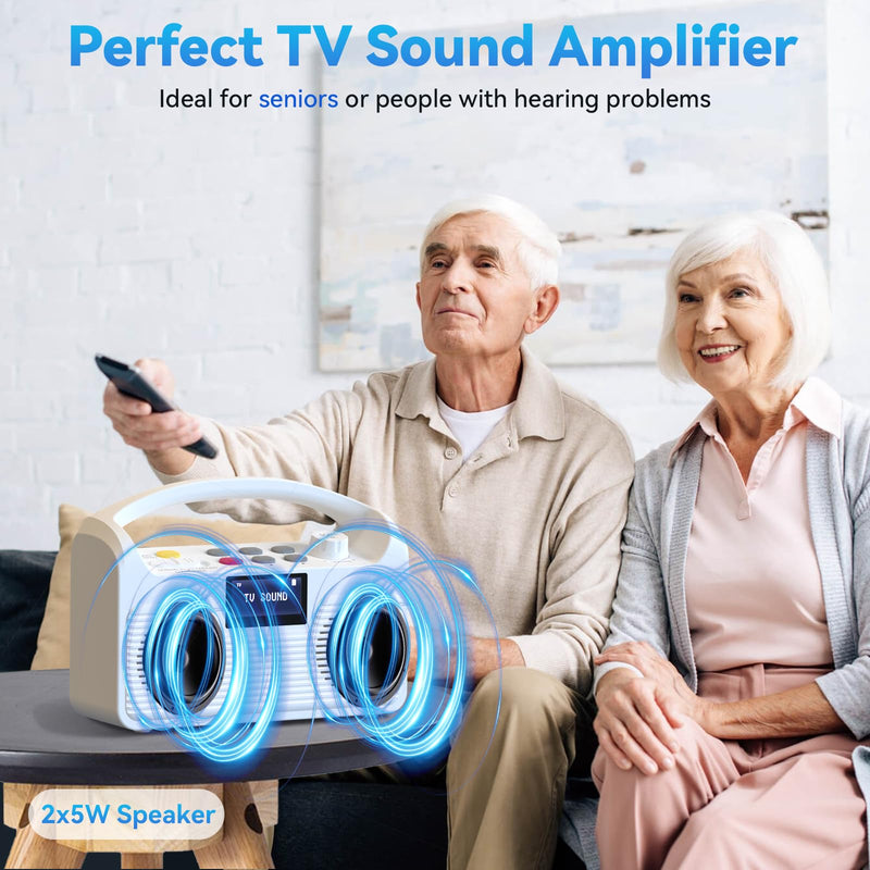 ANSTEN Portable Wireless Speakers for TV Voice Highlighting Wireless TV Speaker for Hard of Hearing Elderly, Dual Loudspeakers Bluetooth Speakers, 3 Sound Modes, LCD Display, SOS Function, FM Radio White