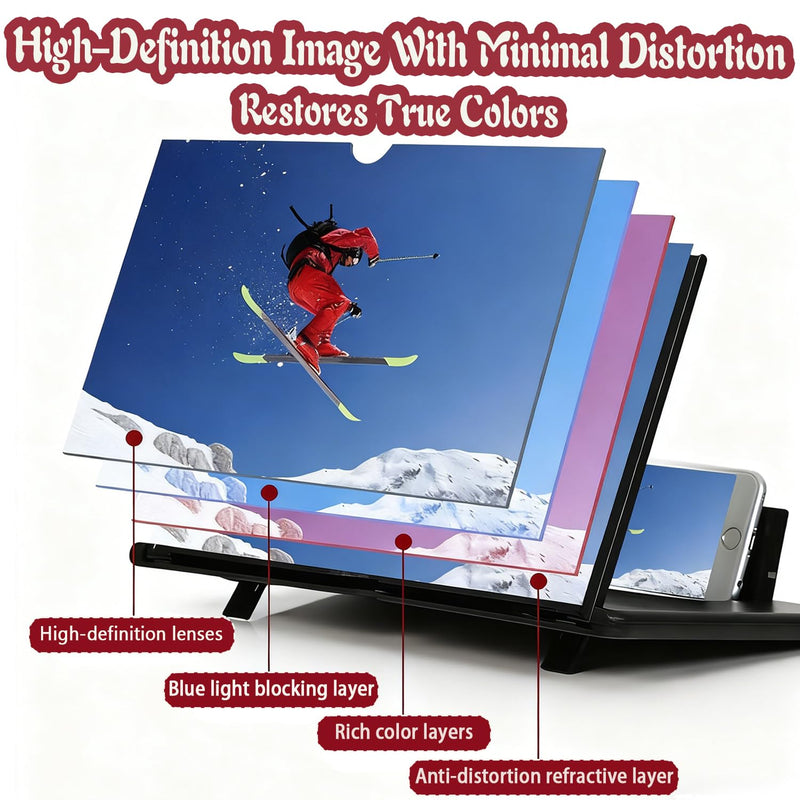12 Inch Screen Magnifier for Cell Phone,3D HD Foldable Amplifier Phone for Movies, Videos, and Gaming,Foldable Cell Phone Stand with Screen Amplifier,Supports All Smartphones Black (12-inch)