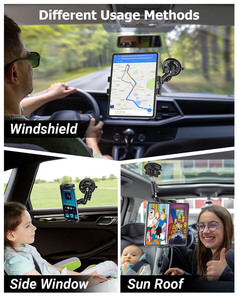 Car Cockpit Tablet Mount Suction, Vehicle Tablet Holder for Driver [Flexible Metal Arm] Dashboard Windshield Window Mounting for Tablets Phones, iPad, Galaxy Tab, Z Fold, iPhone, 4-13" Device