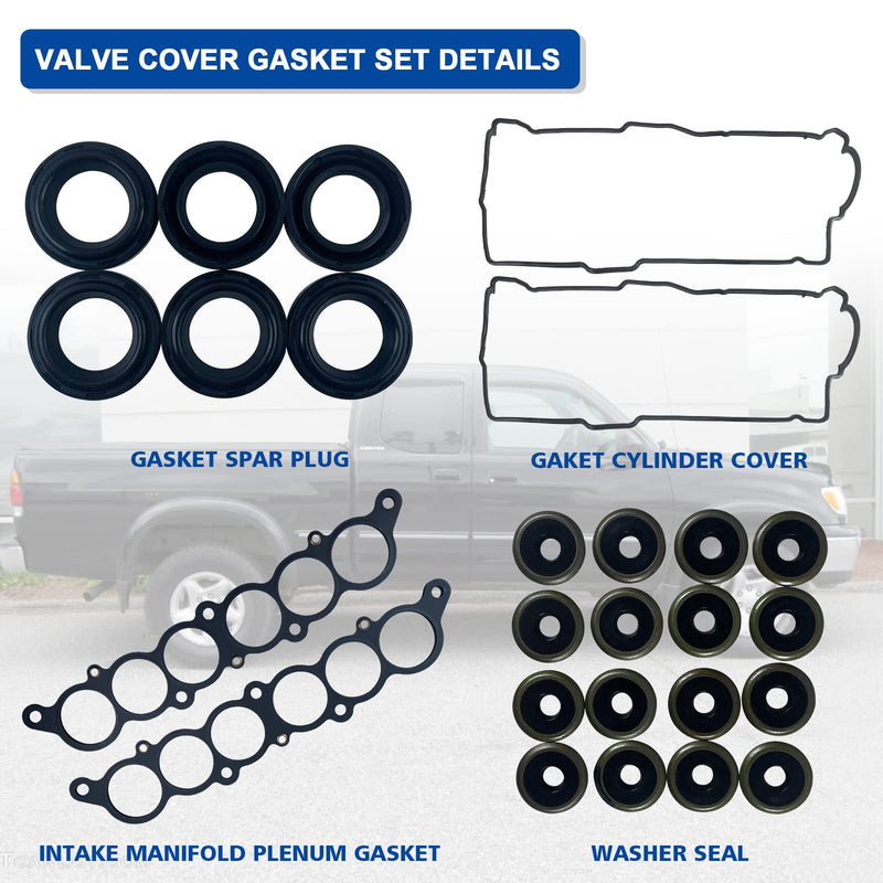 Engine Cylinder Valve Cover Gasket Set Fits Toyota 3.4 V6 5vz-fe 1996-2002 4Runner 1995-1998 T100 1995-2004 Tacoma 2000-2004 Tundra Replaces VS50422R MS95899