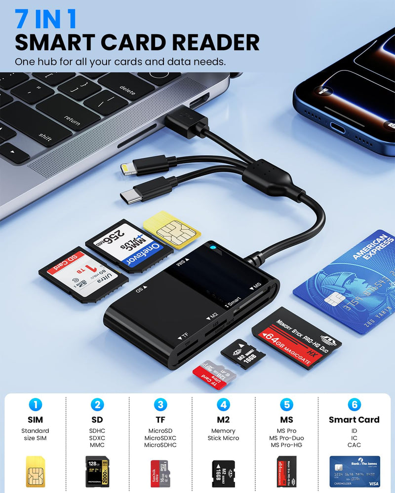 USB-A/USB-C/Lightning Smart ID Card Reader ID Bank SIM Chip SD Card Adapter | CAC ISO7816 ID Card Reader for SD/TF/MS/M2/SIM/IC/CAC&PIV Cards | Accepts Contactless for PC,Windows,Linux,Mac,Plug-and-Play Black