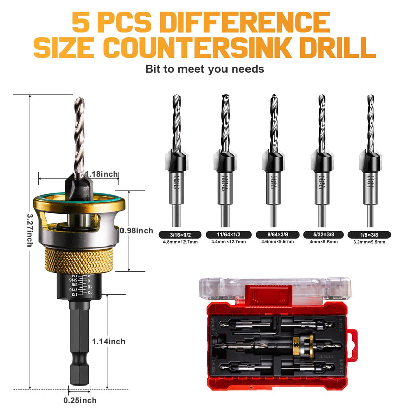 Countersink Drill Bit Set - 5 Pcs Countersink Drill Bit with Aluminum Alloy Depth Stop Collar, HSS M2 Bearing Stopper Anti-Scratch, 82° Counterbores 1/4” Hex Shank for Woodworking Tools & Hand Tools Yellow-5Pcs