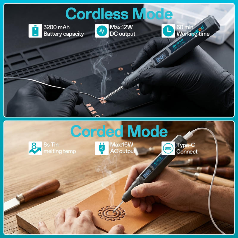 BK210 Cordless Soldering Iron Kit, Portable Rechargeable Soldering Pen with C210 Tip (356-842℉), Fast Heating LED Digital Display Soldering Kits for Electronics Repair, Auto Hibernation & Child Lock Grey-210