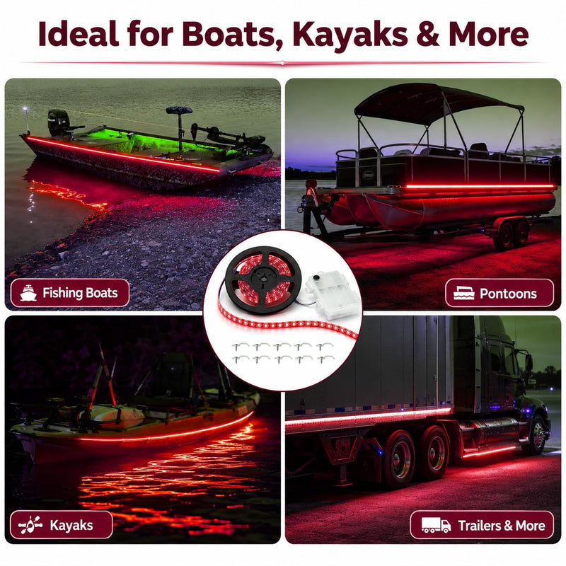 Shangyuan Marine LED Strip Lights with Battery Box for Pontoon Under Deck Lights, Battery Operated Boat Interior Lights for Fishing Sailboat Kayak, Boat Accessories, 5m (16.4ft) (red) Red