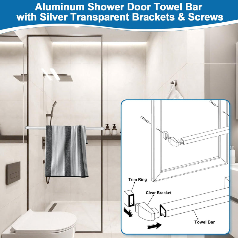 Glass Shower Door Towel Bar 30" Bright Chrome Compatible with Alumax Basco Sliding Shower Door Handle Replacement w/Silver Transparent Brackets Fits Framed Shower/Tub Enclosure Doors Up to 31" Wide 30" Chrome Towel Bar