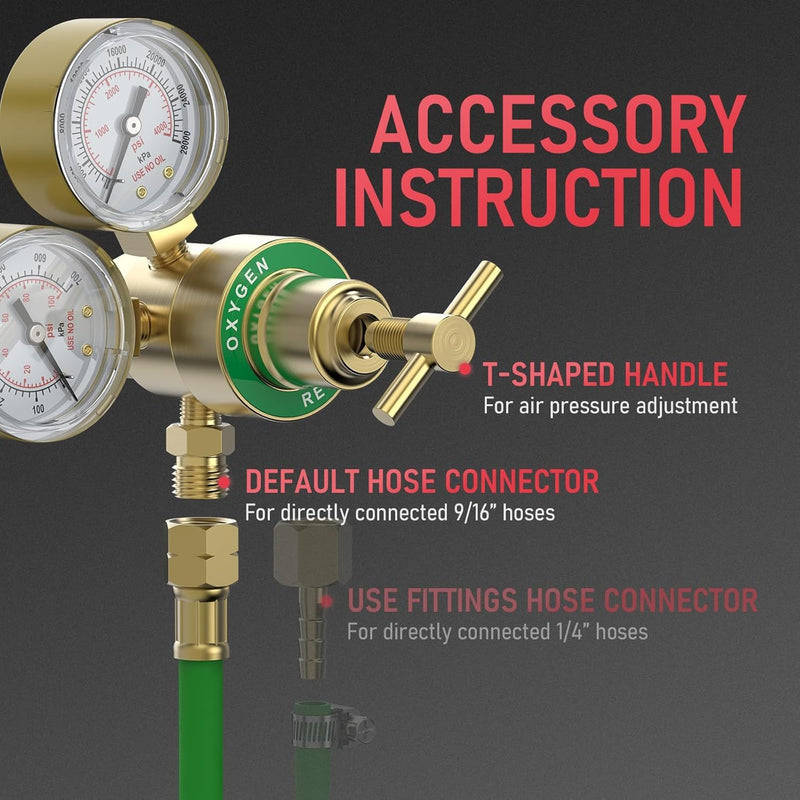 YESWELDER Oxygen Regulator CGA540, 0-4000PSI and 0-100PSI Welding Gas Gauges With 9/16"-18 Outlet Thread and 1/4" Hose Connector, T-Handle