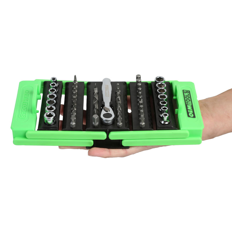 OEMTOOLS 26549 53-Pc Socket Wrench Set, Mini Ratchet Kit for Tight Spaces and Precision Fastening, Socket Set Includes SAE/Metric Sizes, 3/8” Extension Bar, Folding Case Included
