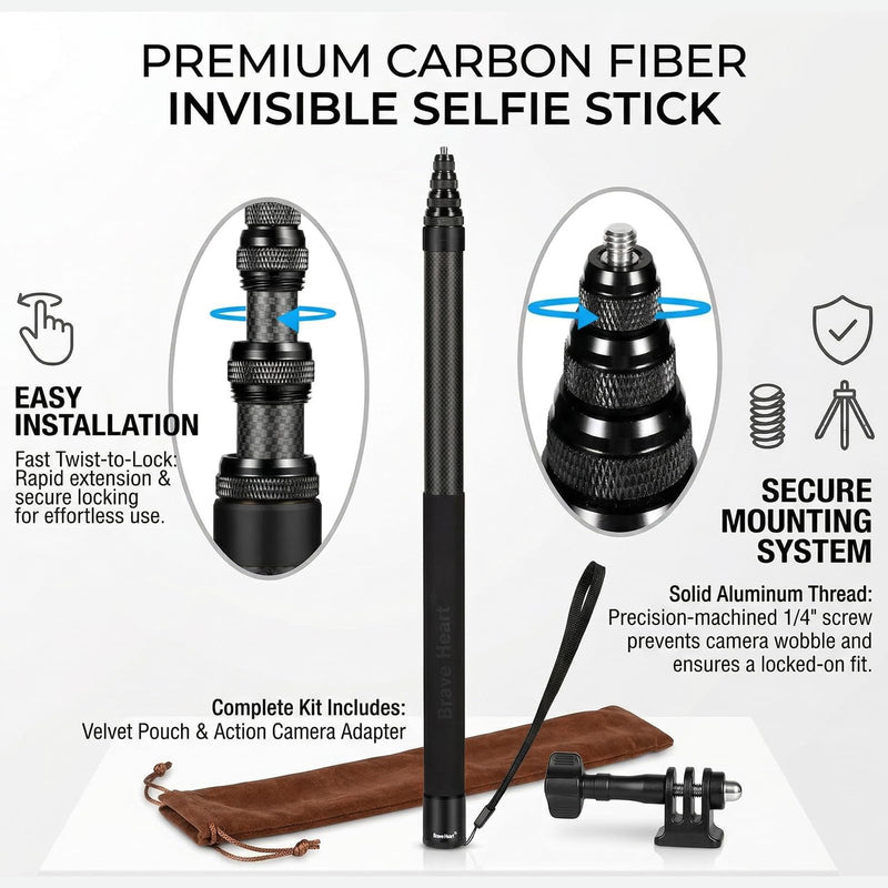 3m Invisible Selfie Stick for Insta360 X5 X4 X3 Filmmakers, 10ft Carbon Fiber Extended Pole for Panoramic Camera Vlogging (Black)