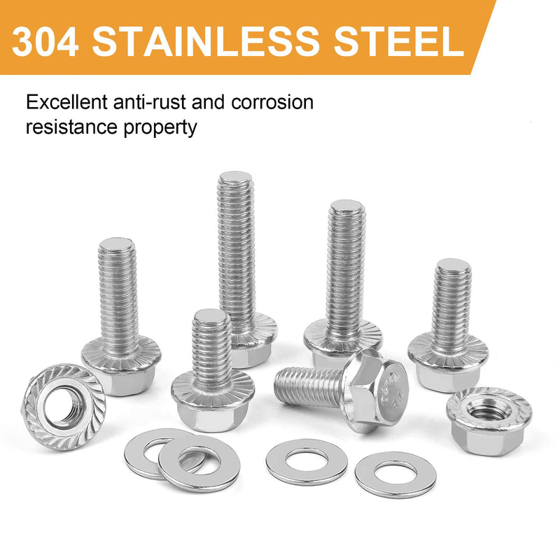 M6-1.0 x 12/16/20/25/30mm Flanged Hex Head Bolts, VIGURE 135PCS M6 Flange Hexagon Screws Serrated Flange Nuts Washers, Stainless Steel 18-8 (304), DIN 6921 M6-1.0