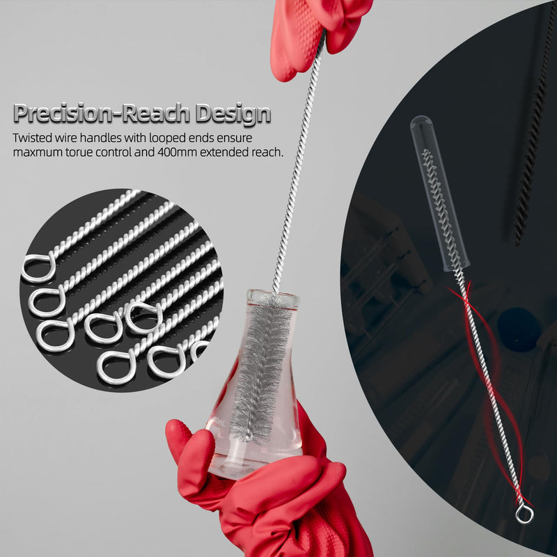 16 Inch Extra Long Pipe Cleaning Brush Set, Stainless Steel Bristles Bore Brush, 9Pcs Variety Wire Brush Pack for Auto Parts, Bottles,Tubes Silver 9 Pieces, 16 Inches