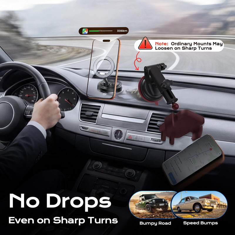 NeverDrop Car Phone Mount for MagSafe, 2 Bases for Any Surface | 118+LBS Ultra Grip, 2400gf Strong Magnetic, 360° Adjustable Car Phone Holder, Phone Holders for Your Car, Carbon Fiber