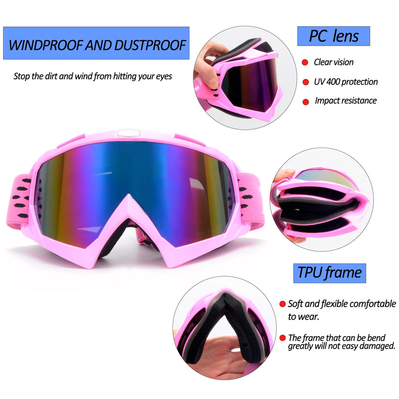 Dirt Bike Goggles ATV Goggles Motocross Off Road Goggles Motorcycle Riding Racing MX UTV Goggles Windproof Dustproof Scratch Resistant Anti UV Goggle for Adults Men Women and Youth Pink Frame+color Lens