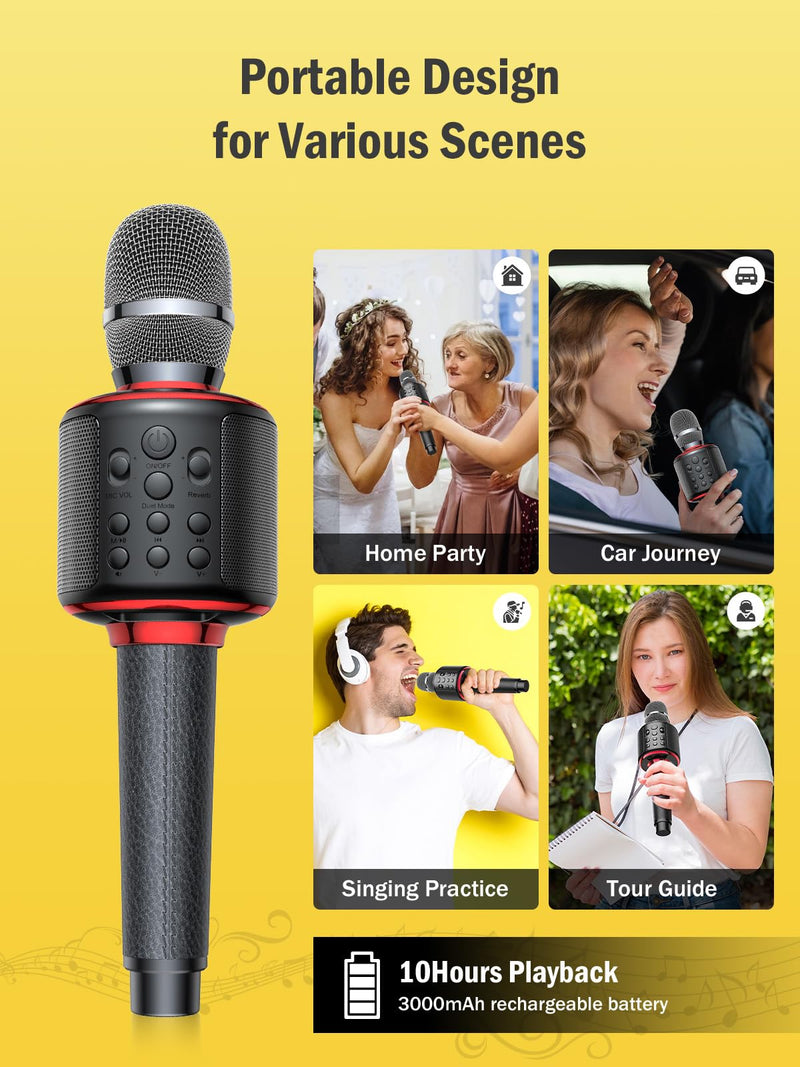 Wireless Bluetooth Karaoke Microphone, Built-in Loud Speaker for 10H Playback, Add Reverb/Duet Mode/Earbuds Monitoring, Portable Karaoke Machine for Entertainment & Singing Practice (Black&Red) Black&Red