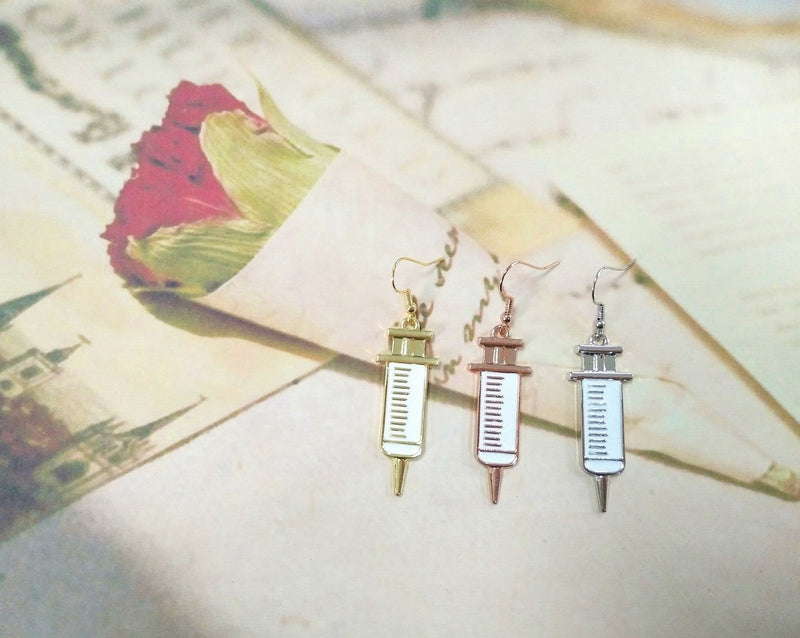 Stethoscope Syringe Dangle Earrings for Doctor Nurse Medical Students Gift Silver