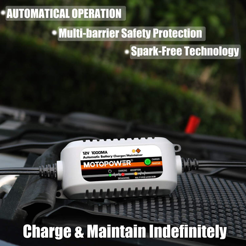 MOTOPOWER MP00205B 12V 1000mA Automatic Battery Charger, Battery Maintainer, Trickle Charger, and Battery Desulfator with Timer Protection - Grey a) - Grey