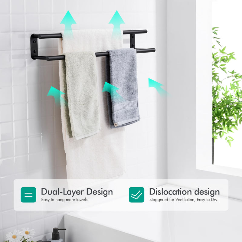 BAGNOLUX Double Towel Bar, SUS304 Towel Racks for Bathroom Wall Mounted 2-Tiers Ladder Towel Rails, Space Saving Bathroom Towel Holder Shelves Rack, Long Towel Hanger (16“-Round-Matte Black) 16“-round-matte Black