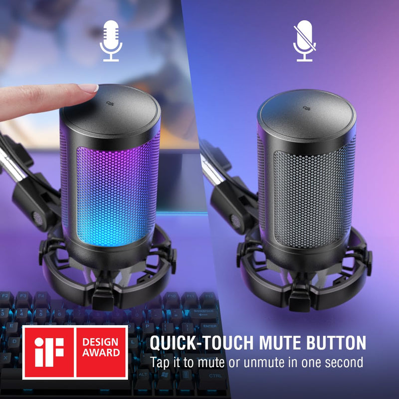 FIFINE Gaming PC USB Microphone, Podcast Condenser Mic with Boom Arm, Pop Filter, Mute Button for Streaming, Twitch, Online Chat, RGB Computer Mic for PS4/5 PC Gamer Youtuber-AmpliGame A6T Black