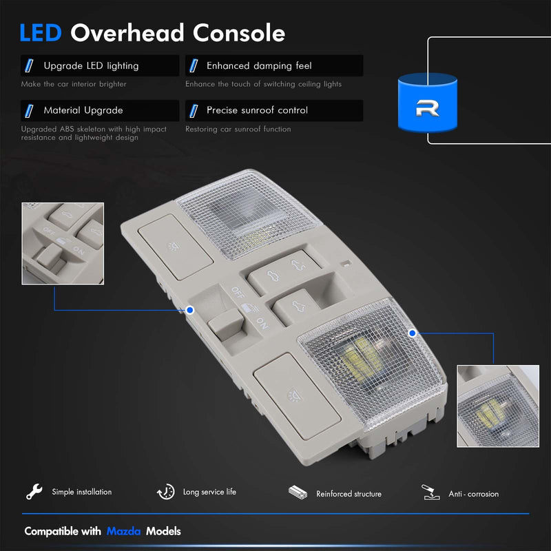 LED Overhead Console w/Sunroof Switch Fit for Mazda 3 2010 2011 2012 2013, Interior Ceiling Roof Reading Dome Light Map Lamp Replace# BBM6-69-970B-75, BCN8-69-970B-75, BBM669970B75 LED
