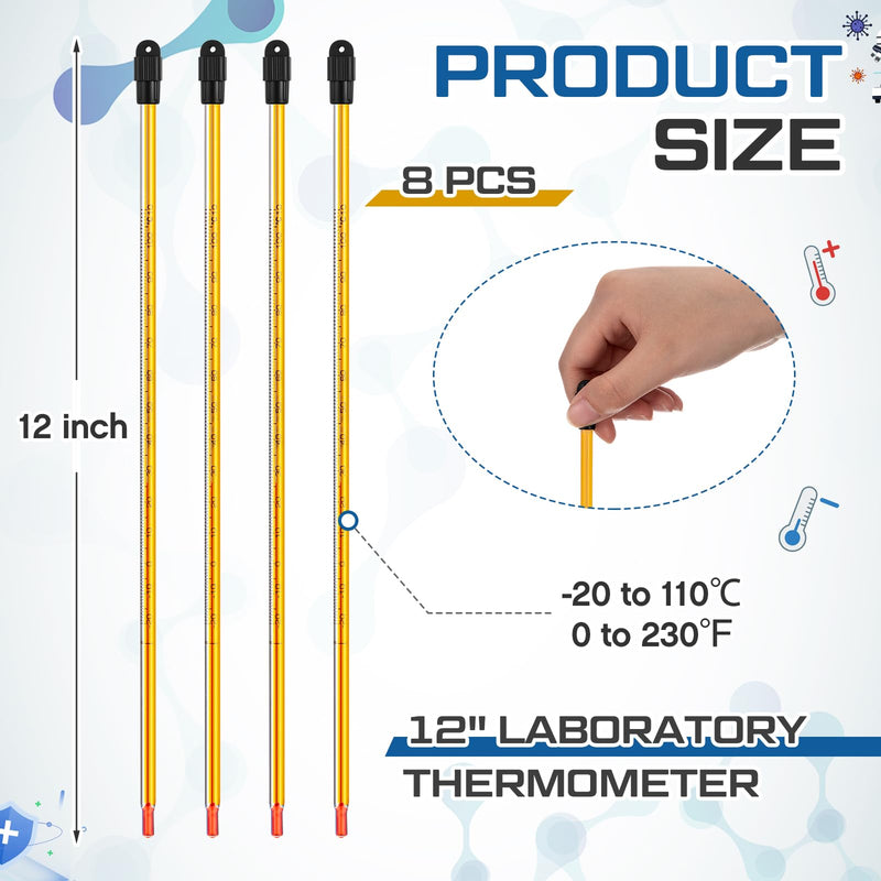 8 Pcs General Purpose Lab Thermometer 12 Inch Laboratory Liquid in Glass Thermometer Total Immersion -20 to 110℃/ 0 to 230℉ Dual Scale for Science University Food and Beverage Processing 8
