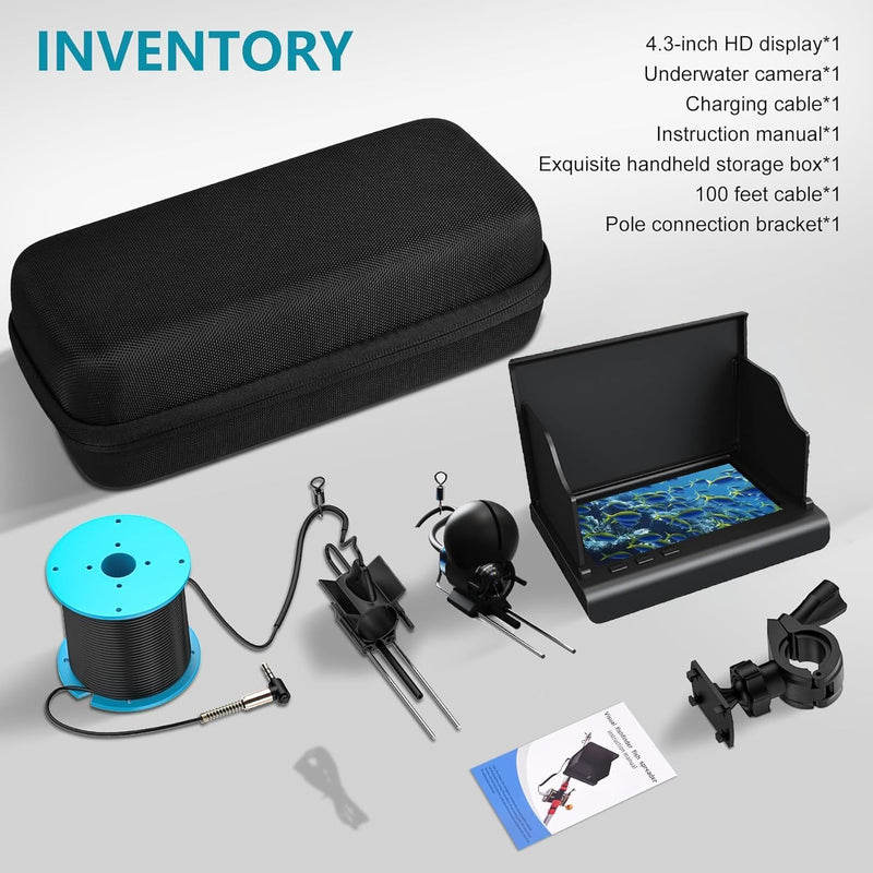 Underwater Fishing Camera with 4.3 Inch LCD, 5000mAh Battery, Infrared Night Vision Light, Portable Fish Finder with 100ft Cable for Ice Lake Boat Kayak Fishing black