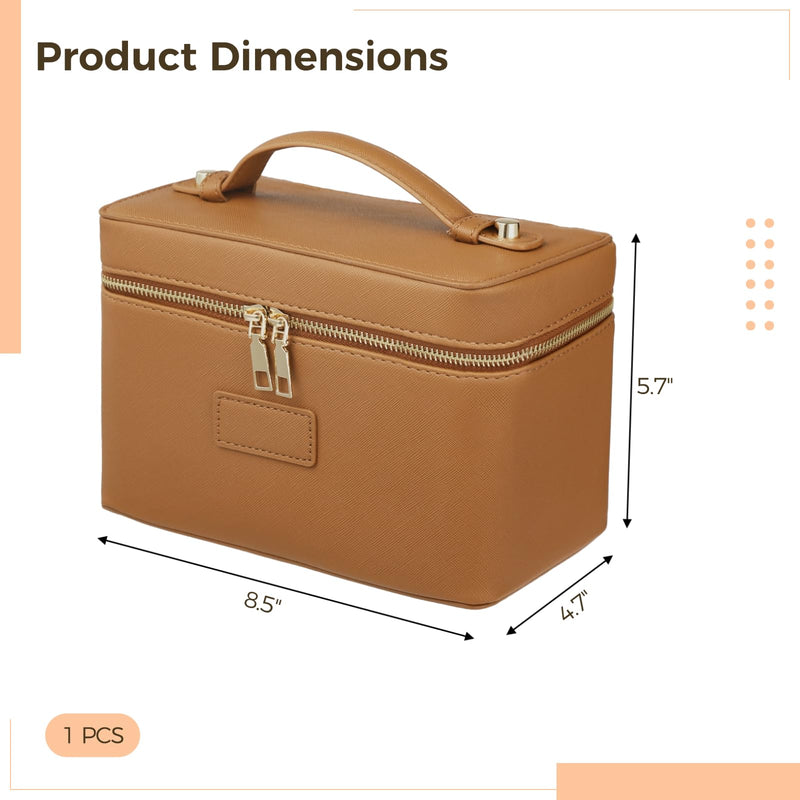 OMISTAR Makeup Vanity Bag for Women - Large Capacity Cosmetic Organizer with Removable Liner, Waterproof PU Leather Skincare Bag, Portable Chic Cosmetic Make Up Case for Skincare, Accessories, Brown