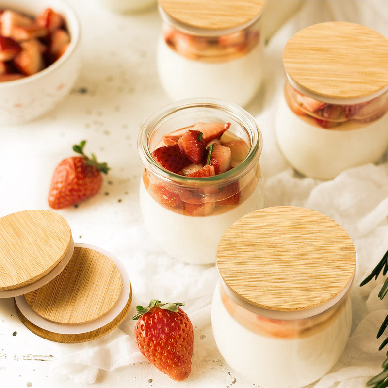 Roowest 40 Pcs Yogurt Jar Lids Bulk Compatible with Oui Yogurt Jars, Natural Bamboo Wooden Lids Round Reusable Canning Covers with Silicone Sealing Rings for Cookie Coffee Kitchen Food Airtight Store
