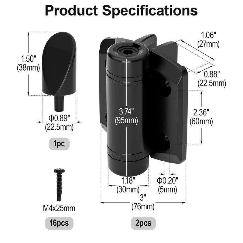 Black Self Closing Gate Hinges Self-Aligning Heavy Duty Spring Hinges ，Adjustable Tension ， Pool Safety Hinge，Square Post, Aluminum Gates ，Swing Close (1, Black) 1