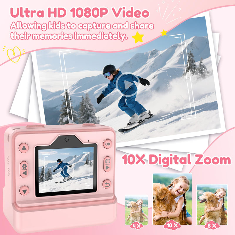 Kids Camera Instant Print, Dual-Lens Selfie Camera for Kids with 1080P Videos, 2.4 Inch Screen, 32GB SD Cards & 3 Rolls Print Paper, Christmas Birthday Gifts for Girls Age 3-12 Pink