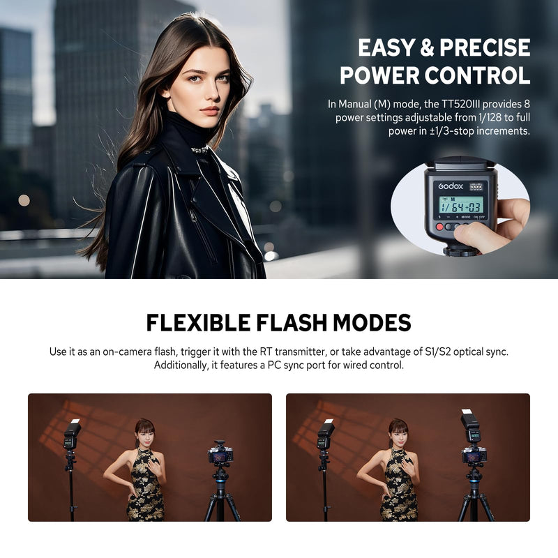 Godox TT520III TT520 III Camera Flash, Universal Hot Shoe Flash, GN33 Manual Flash with RT-16 Wireless Transmitter, Compatible for Canon Nikon Sony Pentax Olympus Fuji Panasonic Camera with Hot Shoe