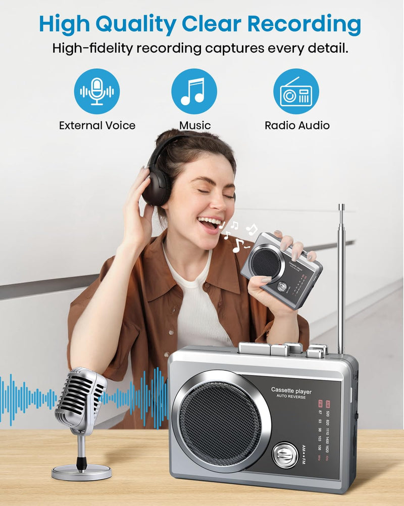 Portable Cassette Player Tape Recorder, Retro AM/FM Radio with Built-in Speaker & Mic, Earphone Jack | Lightweight Tape recording Multiple functions
