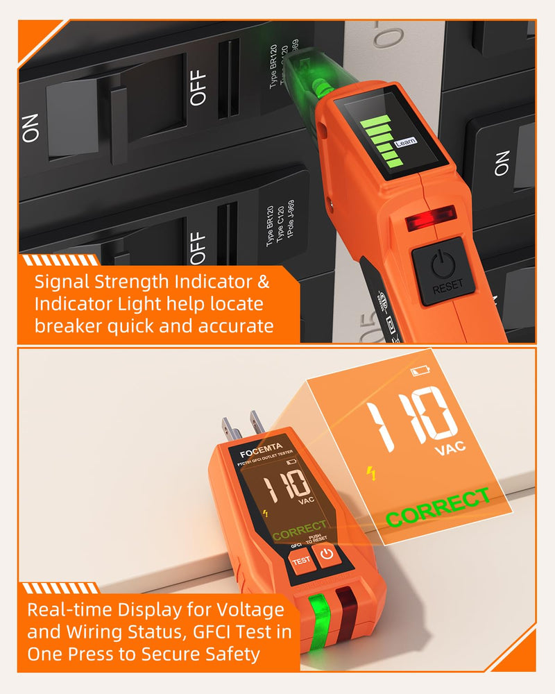 Circuit Breaker Finder Kit with GFCI Outlet Tester for 90-135V AC Circuits,includes Light Socket Adapter, 3-2 Prong Grounding Adapter & Clip adapter,Portable Electrical Tool with Carrying Case Orange