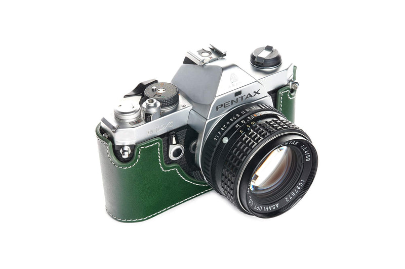 Pentax MX ME Case, BolinUS Handmade Genuine Real Leather Half Camera Case Bag Cover for Pentax MX ME Camera with Hand Strap (Green) Green