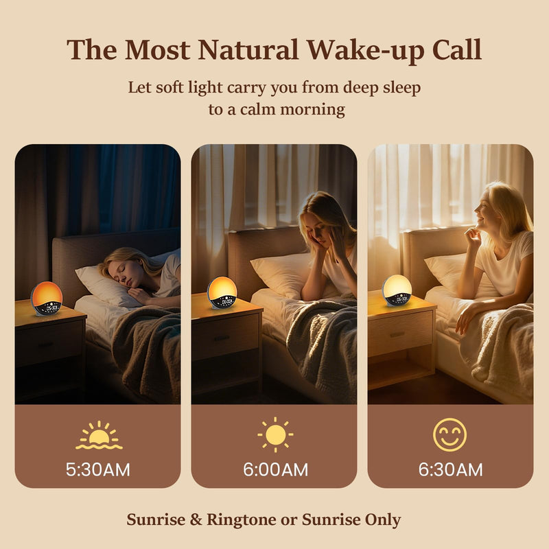  [AUSTRALIA] - Wake Up Light Sunrise Alarm Clock for Bedrooms, Rechargeable Sound Machine Night Light, 28 Sleep Sounds, 12 Colors, Dual Alarms, White Noise Sound Machine for Baby and Adults