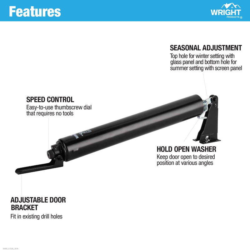 Wright Products Heavy-Duty Pneumatic Storm Door Closer – Durable, Adjustable, Quiet-Closing with Hold-Open Feature (Modern, Black) Modern