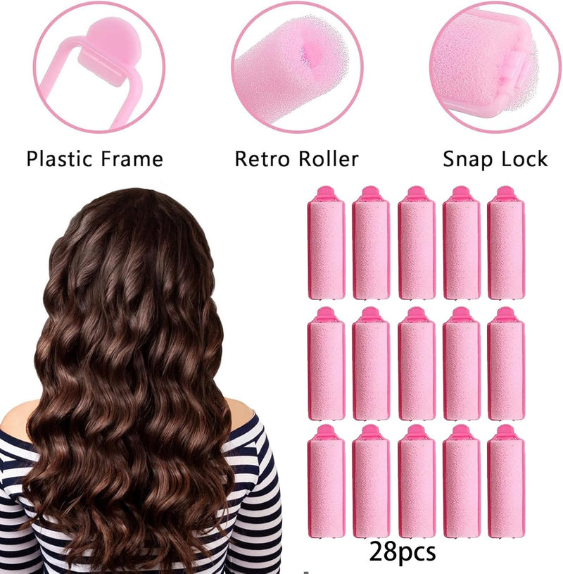 28 Pcs Foam Hair Rollers, Hair Rollers, Foam Hair Curlers, Soft Sponge Hair, Roller Foam Styling Hair, Curler Home DIY Curling Tool, DIY Hair Styling Tool Curling Iron Pink for Women Girls Kids