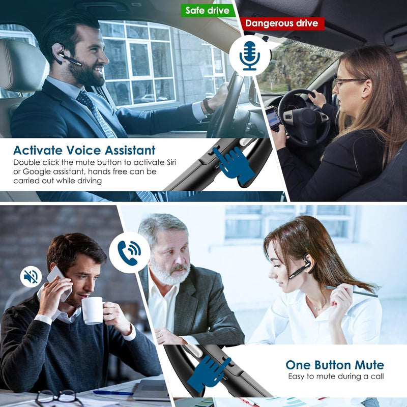 Bluetooth Headset, Wireless Bluetooth Earpiece V5.0 Hands-Free Earphones with Built-in Mic for Driving/Business/Office, Compatible with iPhone and Android