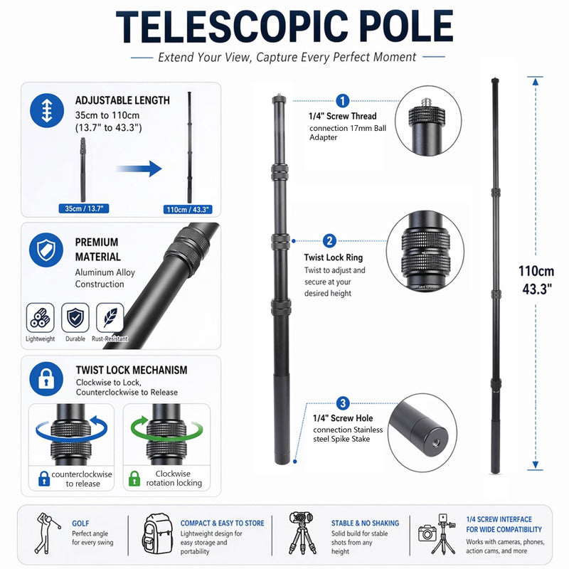 Ground Golf Monopod Phone Stand with Stainless Steel Spike | 46" Metal Extendable Pole, Phone Holder with Power Bank Straps, Golf Swing Video Recording for MagSafe & Smartphones