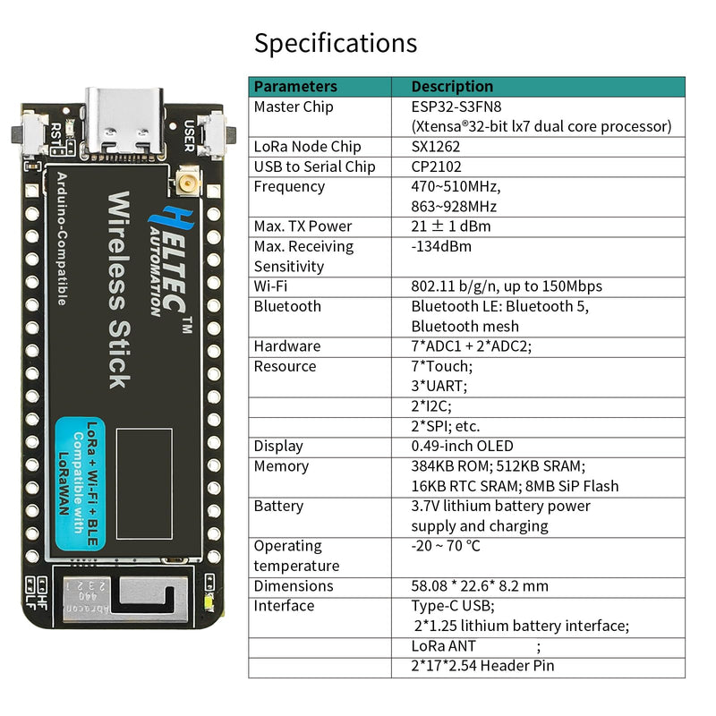 ESP32 S3 SX1262 Wireless Stick Module WiFi BLE LoRa V3 Development Board with 0.49" OLED Display 863~928MHz Bluetooth 64M Bits Compatible with Arduino Wireless Stick Board