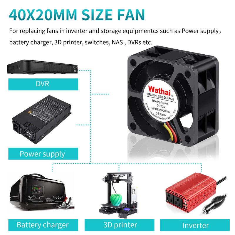 Wathai 40mm x 20mm 3pin Computer Case Fan 12V High Speed Replacement for DIY CPU Cooler, Routers, Switches, NAS,DVRs Cooling 2 Pack 12V Sleeve 3pin