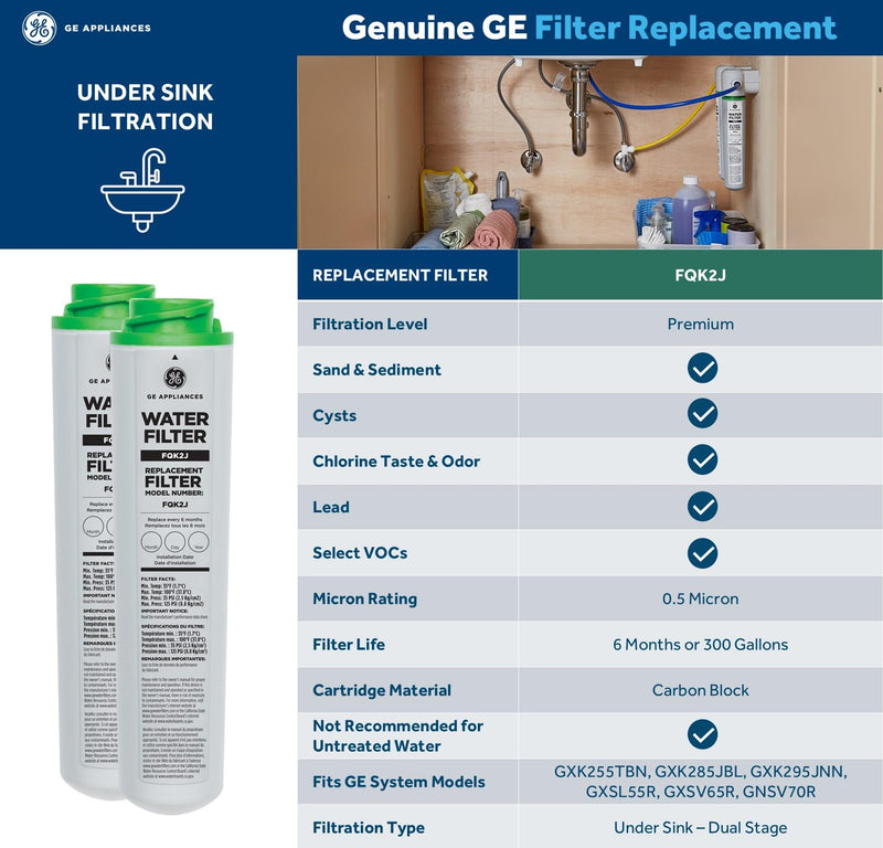 GE Under Sink Water Filter Replacement, Dual Flow, Reduces Sediment, Rust & Other Impurities from Water, Fits GXK255TBN Under Sink Filtration System, Replace Every 6 Months, FQK2J, 2 Filters 2 Count (Pack of 1)