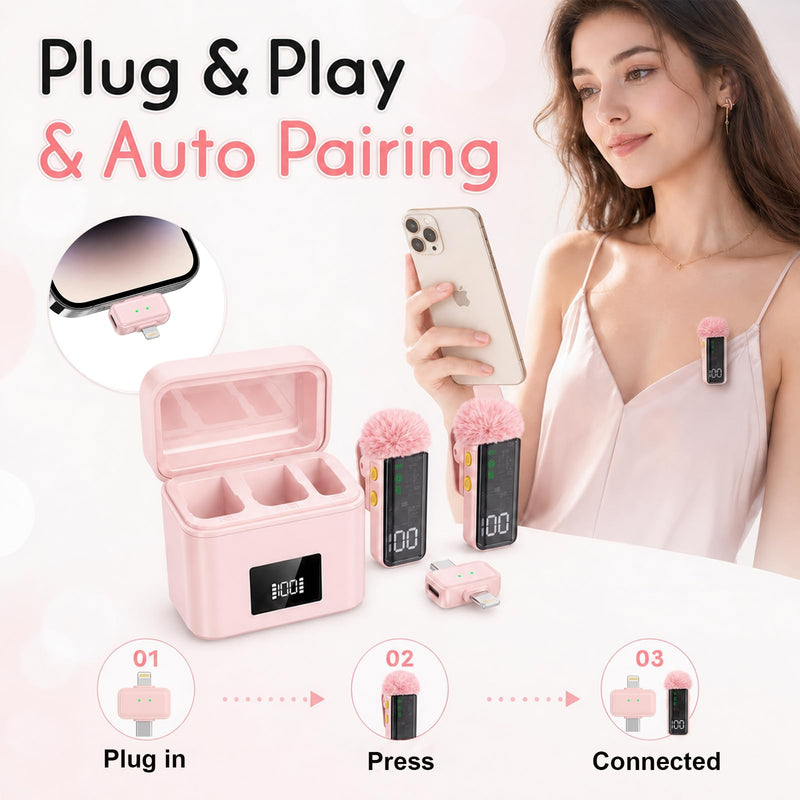 2 Mini Wireless Microphones for iPhone/Android, AI Noise Reduction | Plug & Play, 20H Battery with Charging Case, Portable Clip-On Lavalier Mic for Content Creators, Podcast, Streaming, Vlogging Pink 2