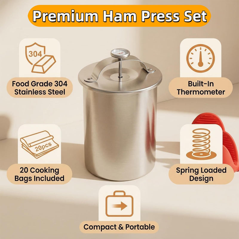 Deli Meat Press Stainless Steel with Thermometer, Lunch Meat Press Mold, Ham Maker Meat Press Tool, with 20 Cooking Bags + 2 anti-scalding clips, for Making Sandwich (Deli Meat Press Set) Deli Meat Press Set