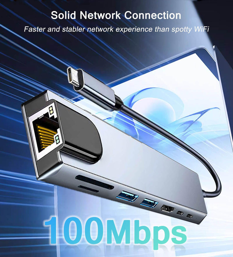 USB C Hub Ethernet HDMI Adapter, 8 in 1 Docking Station with 4K HDMI, RJ45 Ethernet, SD/TF Card Reader, USB 3.0/2.0, PD 100W, LAN USB-C Dongle for MacBook Pro/Air, iPad Pro, XPS, etc 8-in-1