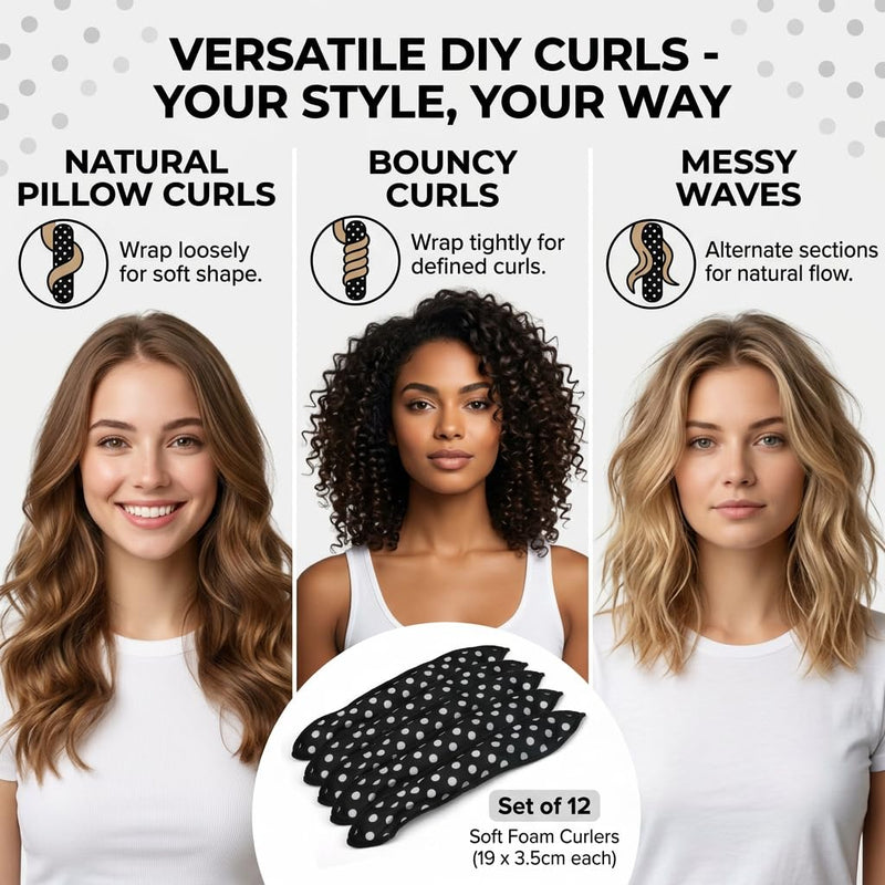 12 Pcs No Heat Hair Curlers, Heatless Curlers Lon Short Hair, Soft Sponge Rollers, Wave Hair Curlers Rollers, Sleep in Curlers with Retro Polka Dots, DIY Hair for Natural-Looking Pillow Soft Curls