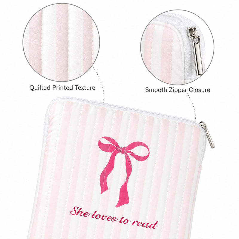 Padded Ereader Sleeve for Kindle - Protective Book Sleeve Pouch | for 6-7 Inch Paperbacks Tablet Carrying Pink Bow Reading Accessories Bookworms Reading Lovers Women Friends Birthday Gifts