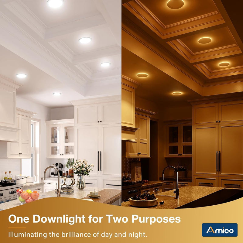Amico 2 Pack 6 Inch 5CCT LED Recessed Ceiling Light with Night Light, 2700K/3000K/3500K/4000K/5000K Selectable Ultra-Thin Lighting, 12W=110W, 1100LM, Dimmable Canless Wafer Downlight ETL&FCC 6 Inch-White