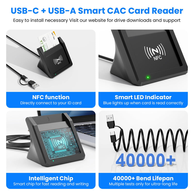 Smart Card Reader with NFC,USB A/C CAC Reader Military DOD Common Access ID Bank Chip Card Reader 2-in-1 Contact and Contactless Compatible with Mac Os, Windows 10/11,Mac OS,Android and Linux Black